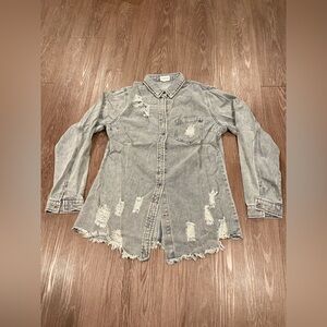Ripped Light Gray Denim Button Up Shirt Women’s